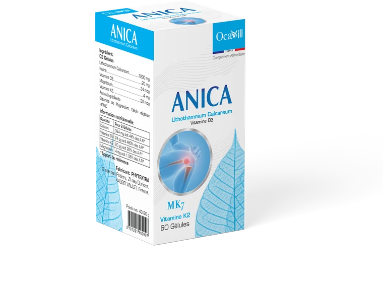ANICA — boîte de 60 gélules, calcium marin Lithothamnium calcareum, vitamine D3 et K2 MK7