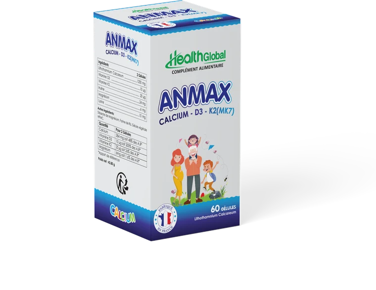 ANMAX — boîte de 60 gélules, calcium marin, vitamine D3, vitamine K2 MK7 et lysine